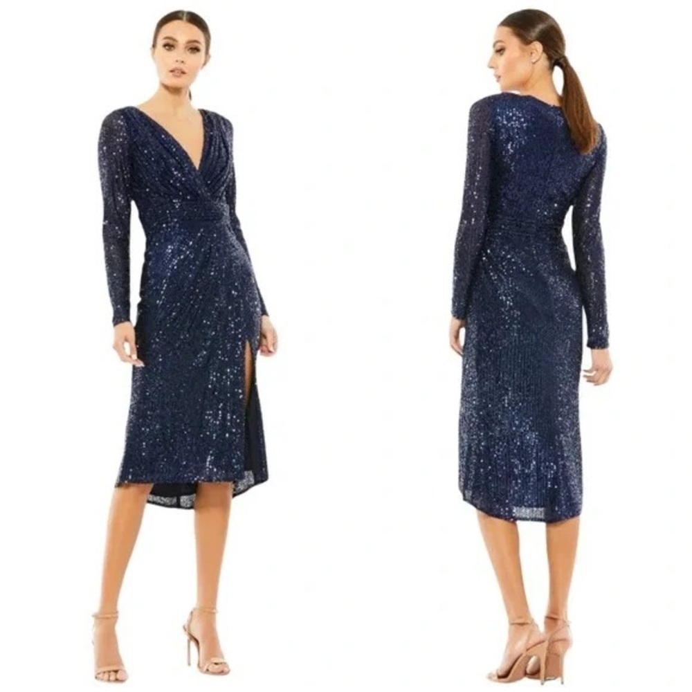 Mac Duggal Navy Sequin Wrap Midi Dress